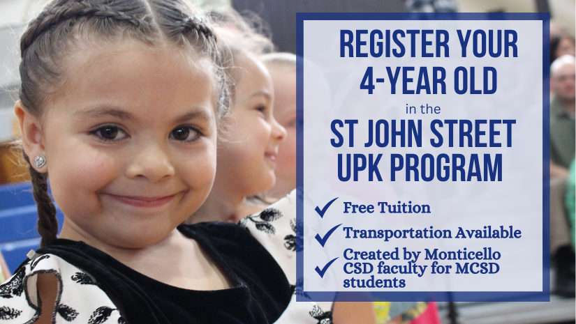 Image of smiling child. Text reads: REGISTER YOUR 4-YEAR OLD ST JOHN STREET UPK PROGRAM