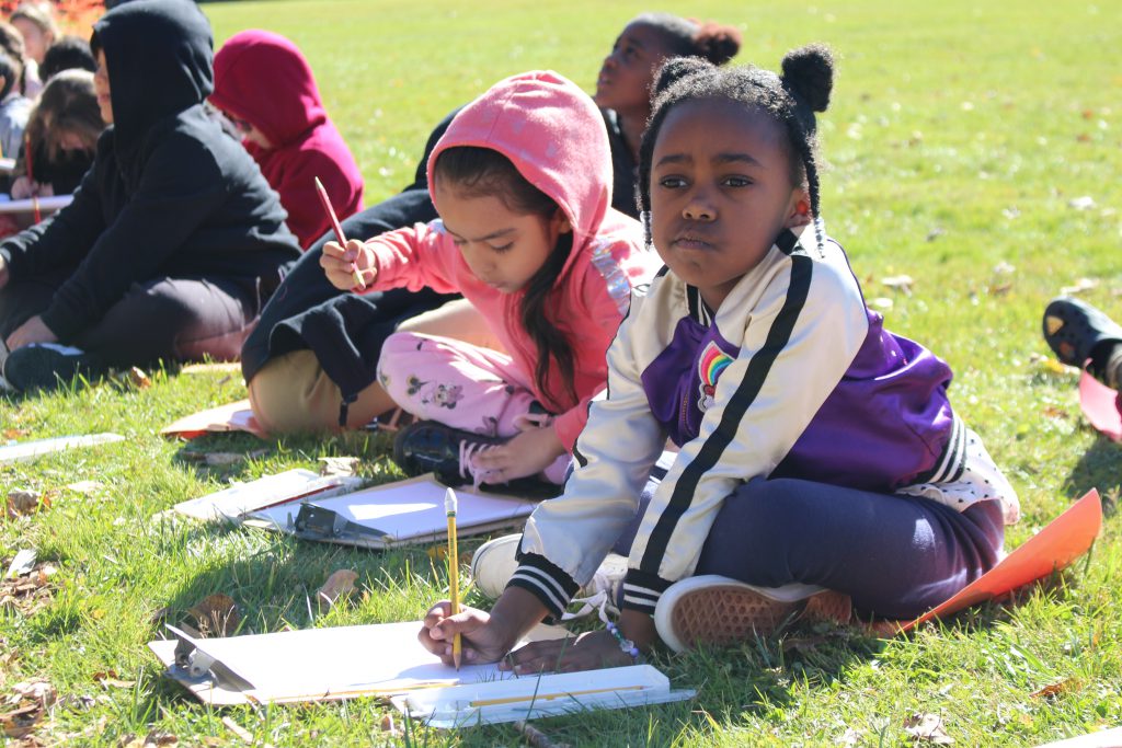 a student looks up as she draws. 