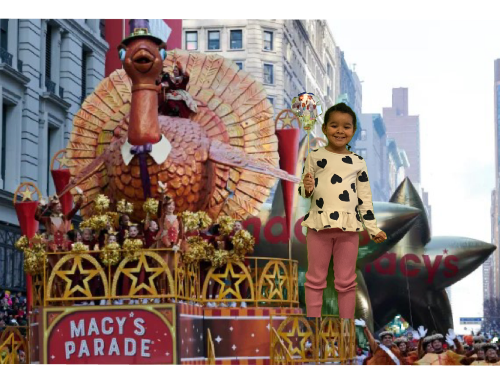 an image of a student holding up a balloon transposed onto an image of a turkey float